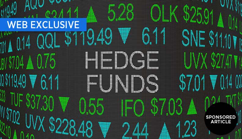 Stock market board with the words ‘HEDGE FUNDS’ in the centre