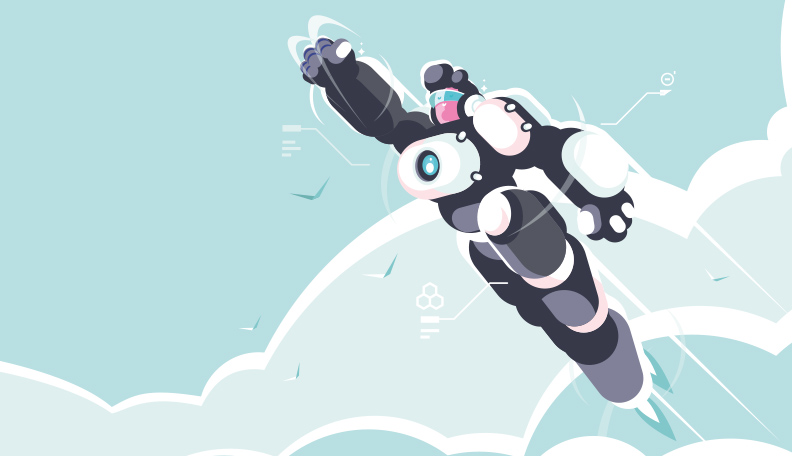 Illustration of a person dressed in a high-tech super suit flying into the sky