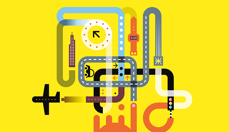 A yellow illustration of a hand pointing to roads and routes with different modes of transport