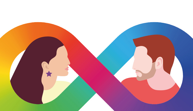 Illustration of a male and a female head encircled by a colourful infinity loop