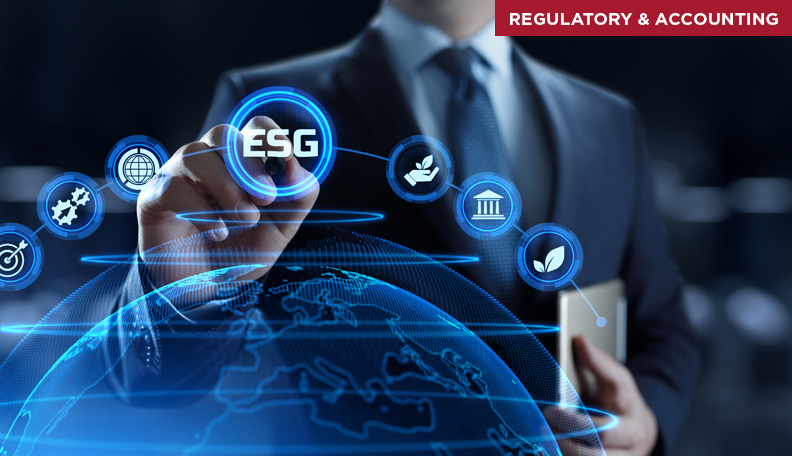 Image of a person pointing to ‘ESG’ over a digitalised globe