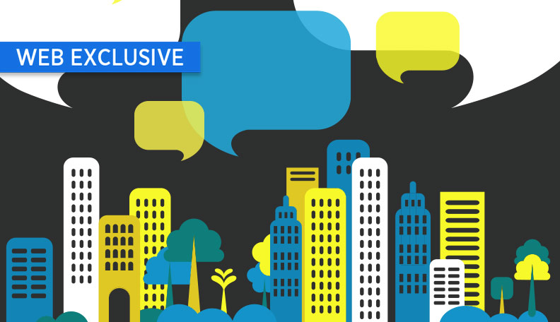 alt=”Illustration of a cityscape with several speech bubbles above it”