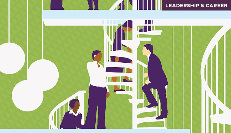 Illustration of people in a workplace on spiral staircases