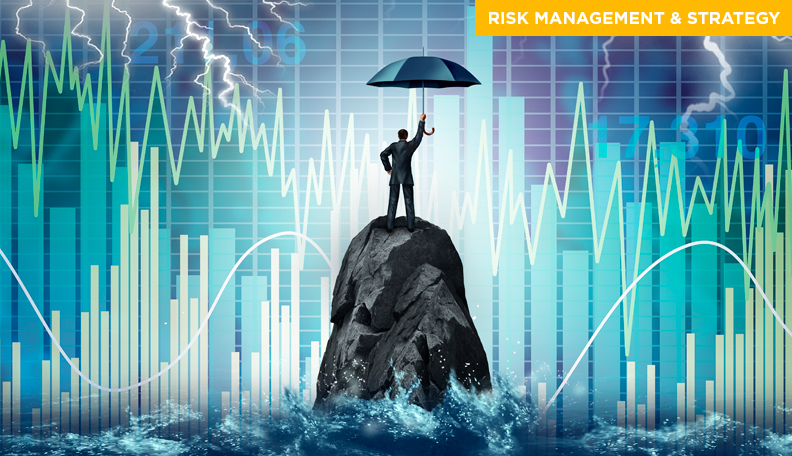 =”Illustration of a man standing on a rock island, holding an umbrella and looking at a variety of different graphs”