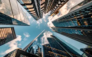Business buildings. Representing the treasury eLearning First Steps in Treasury course, Corporate Finance