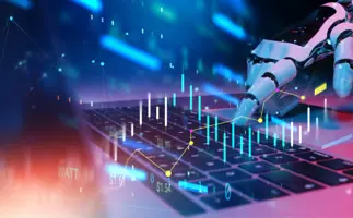 Training course - AI for treasury - showing a robotic hand using a computer with finance graphs overlayed